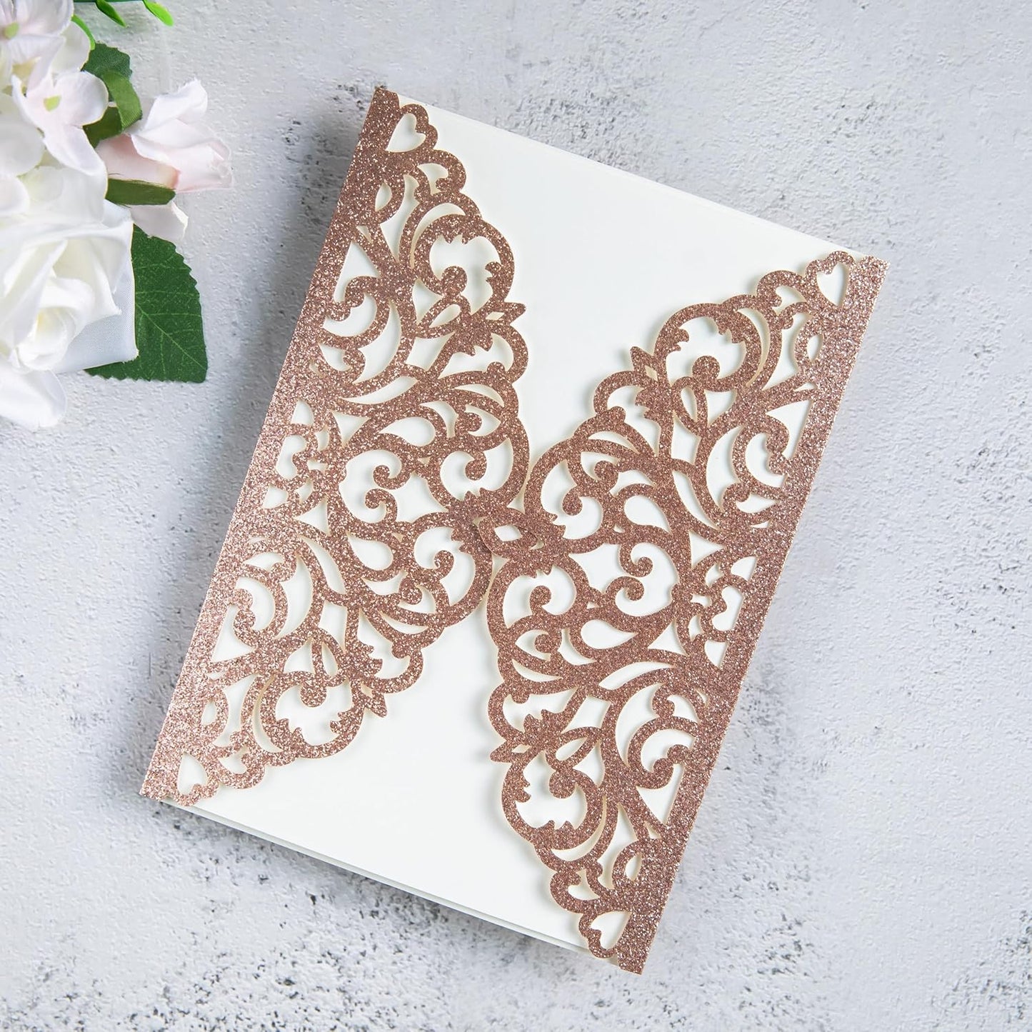 20Pcs Rose Gold Glitter Laser Cut Invitation Cards With Blank Inner Sheets for Wedding Cards Bridal Shower Engagement Quinceanera Invitation (No Envelopes)