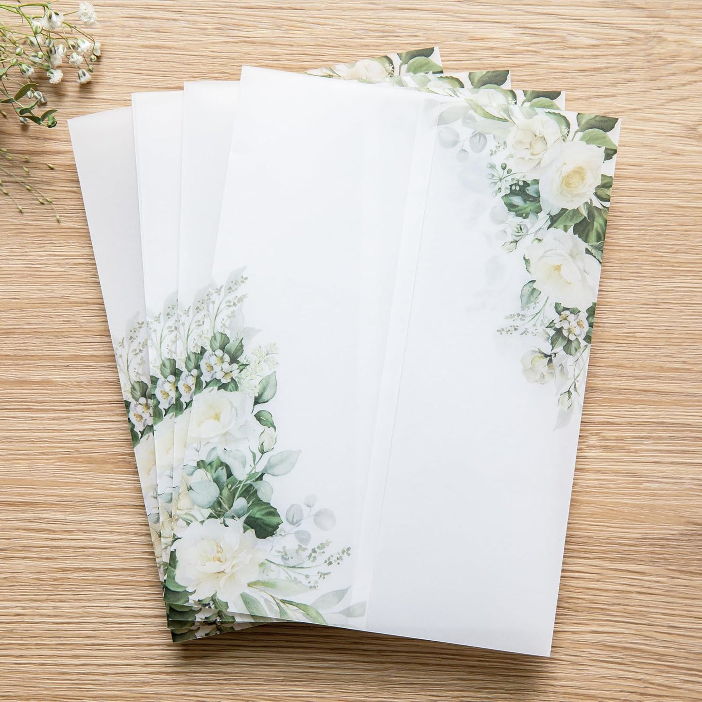 PONATIA 50 PCS Vellum Jackets for 5x7 Invitations- 135gsm White Floral Printed Vellum Sleeves, Quinceanera Wedding Invitation Cards Wraps, Green Flower Transparent Jacket