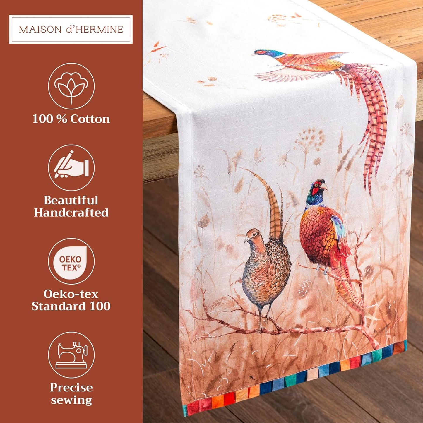 Maison d' Hermine Table Runner 100% Cotton Single Layer Table Runners 72 inches Long for Thanksgiving Christmas Decorations Home Kitchen Dining Party Wedding (Faisan D'Automne, 14.5" x 72")