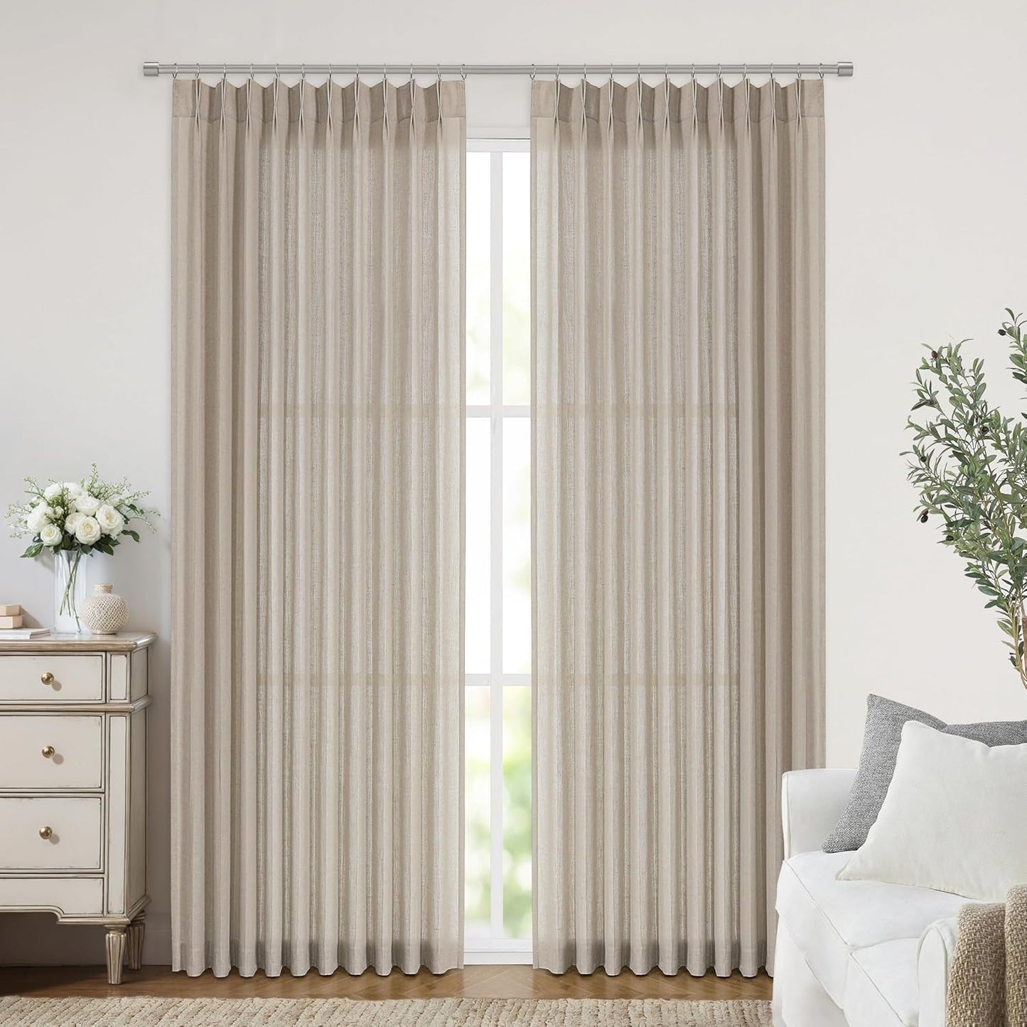 Vision Home Sand Pinch Pleated Semi Sheer Curtains Textured Linen Blended Light Filtering Window Curtains 120 inch for Living Room Bedroom Patio Pinch Pleat Drapes with Hooks 10FT 60" Wx120 Lx1