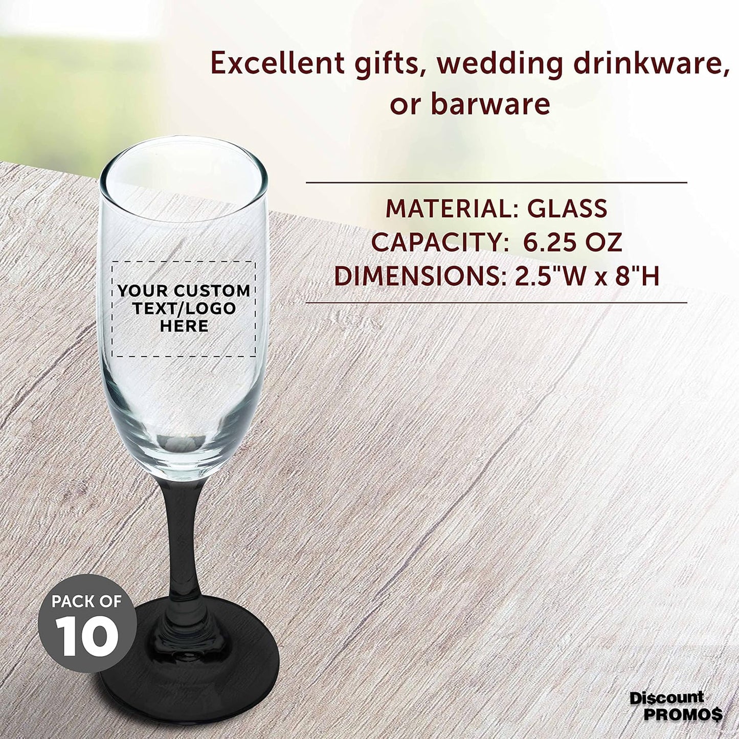 DISCOUNT PROMOS Custom Premiere Champagne Flutes 6.25 oz. Set of 10, Personalized Bulk Pack - Elegant Drinkware for Weddings, Events, & Promotional Gifts - Black
