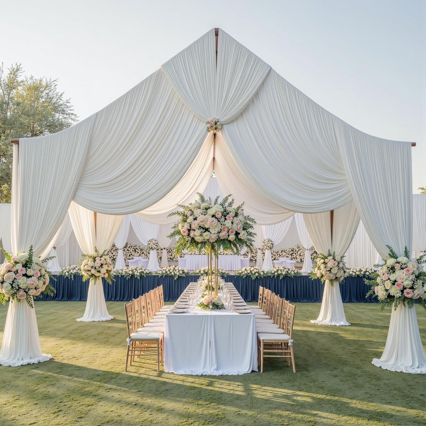 PartyVillage 50ftx40ft Ivory Ceiling Curtain for Wedding Parties – 10 Panels Wrinkle-Free 40 FT Long Tent Draping Curtains for Wedding, Birthday & Theme Parties, 40ft Height with Rod Pocket