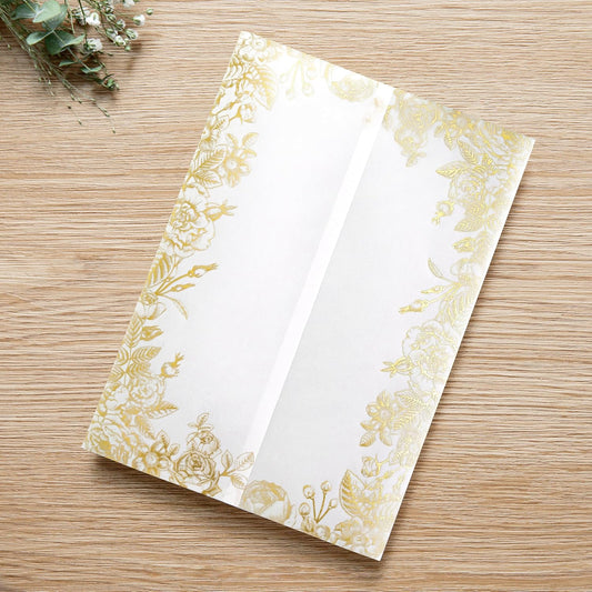 PONATIA 50 PCS Vellum Jackets for 5x7 Invitations- 135gsm Gold Foil Print Floral Printed Vellum Sleeves, Quinceanera Wedding Invitation Cards Wraps, Transparent Christmas Gift Cards Jackets