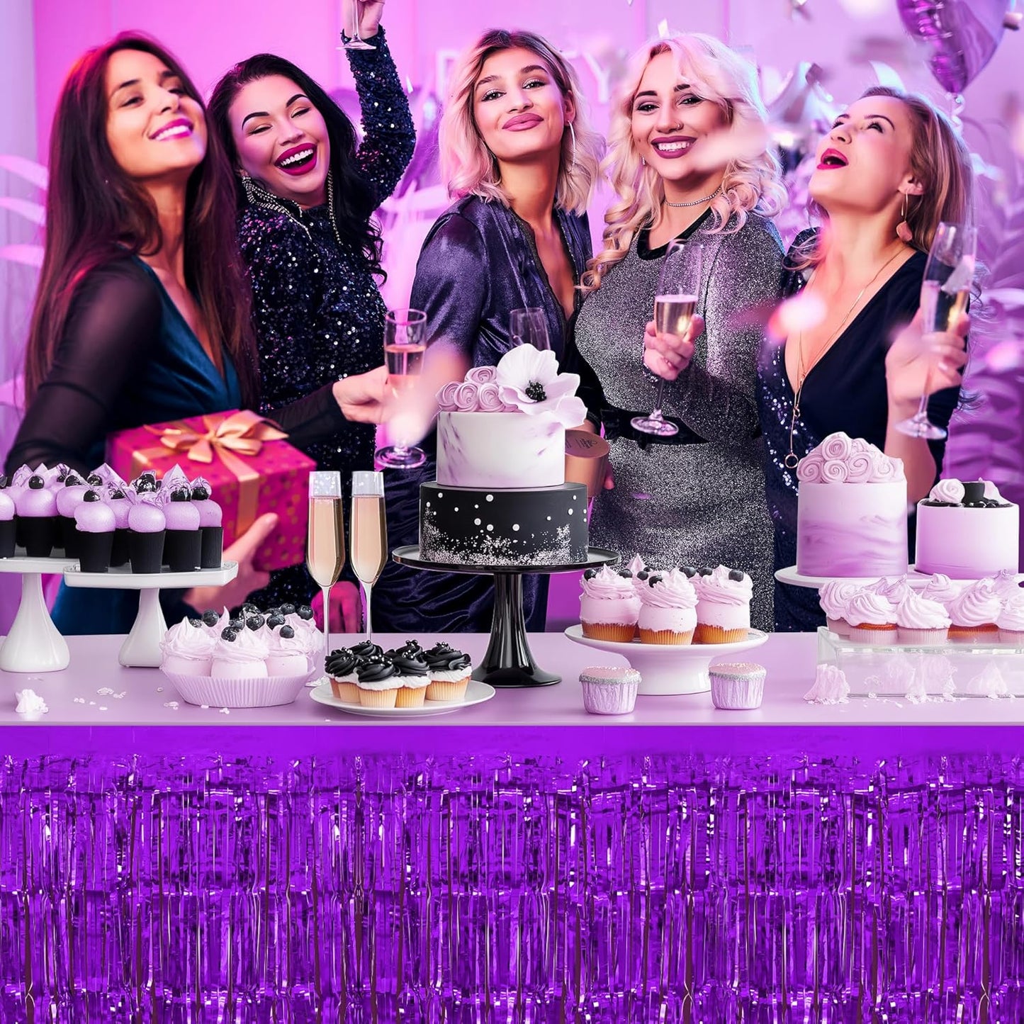 3 Pack Black Dark Purple Orange Table Skirts, 29x108" Metallic Foil Tinsel Fringe Table Skirt for Rectangle Tables Streamer Curtains Backdrop, Party Decorations for Birthdays, Weddings, Holidays