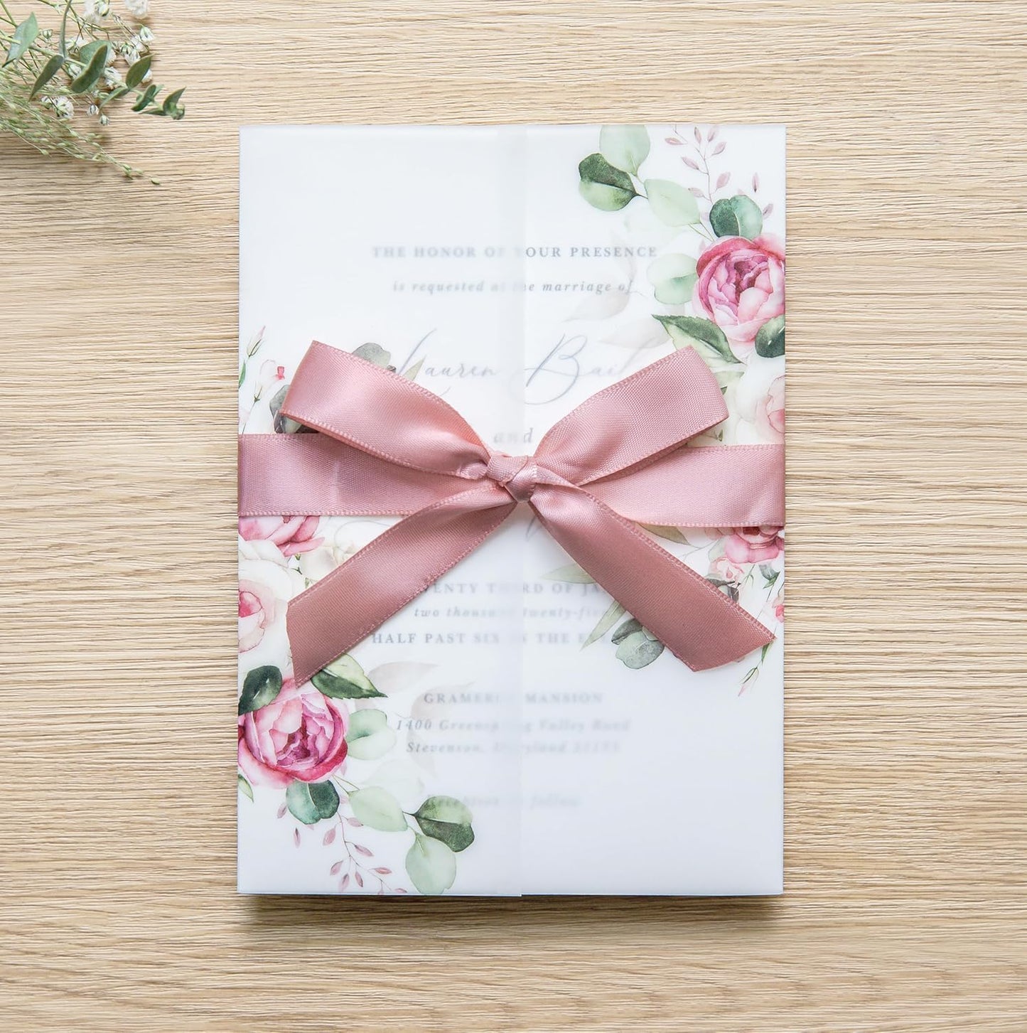 PONATIA 50 PCS Vellum Jackets for 5x7 Invitation Cards - Dusty Rose Flowers Vellum Sleeves, Transparent Gift Card Jackets