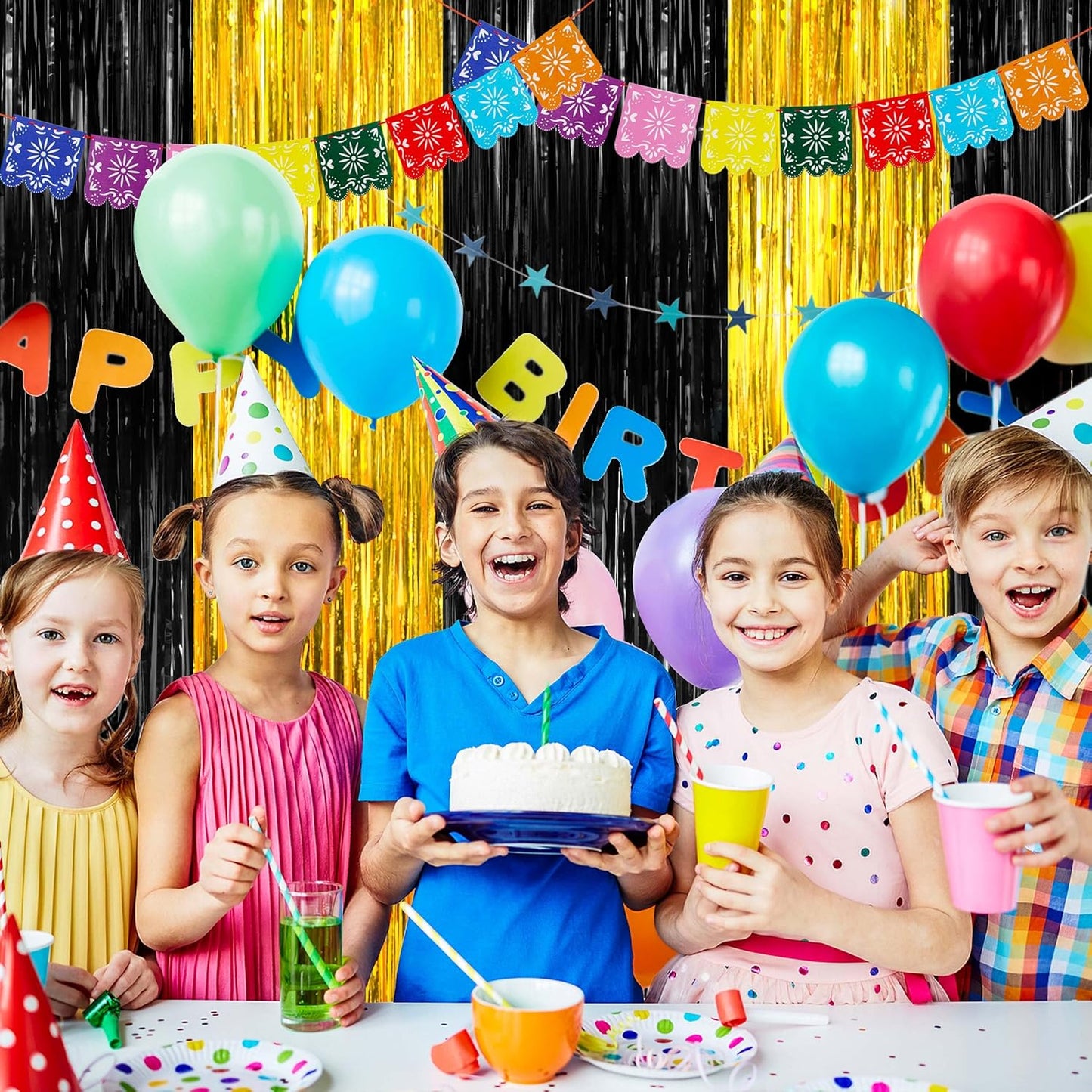 BTSD-home 4 Pack Black Gold Metallic Foil Fringe Curtain Tinsel Streamer Party Decorations Photo Booth Backdrop for Bachelorette Birthday Halloween