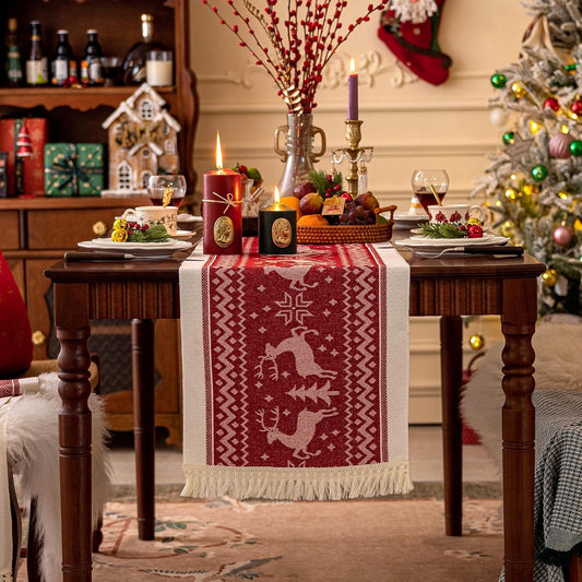Table Runners 63 Inches,Elk Table Runner with Tassel Fringe,Christmas Table Runner for Party，Coffee Table, Festival