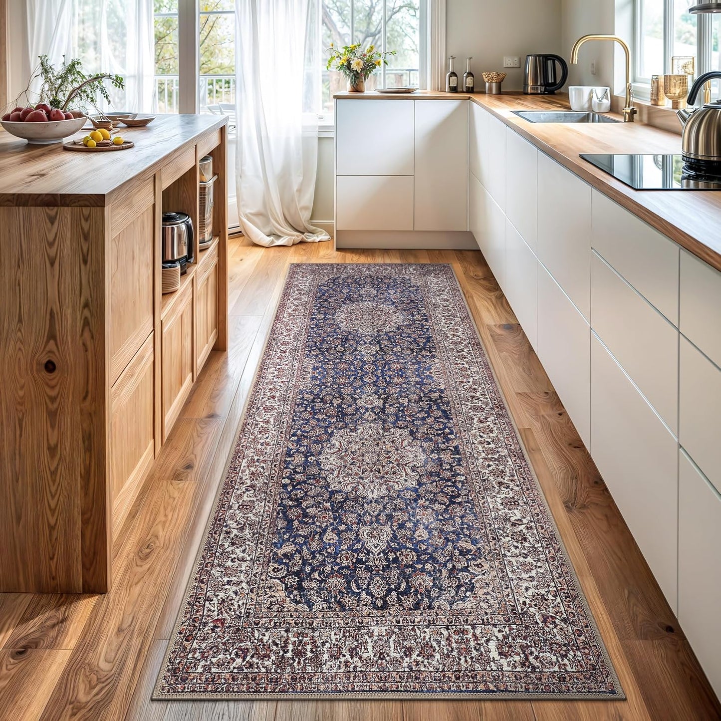 Bloom Rugs Washable Non-Slip 7 ft Runner - Dark Blue/Beige Traditional Medallion Runner for Entryway, Hallway, Bathroom, and Kitchen - Exact Size: 2.5' x 7'
