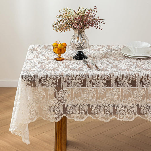 Lace Embroidered Tablecloth. Square Lace Vintage Tablecloth Dustproof Table Protector for Kitchen Dining Room Party Banquet Home Picnic Wedding Decoration (Creamy White 35.5×53 inch)