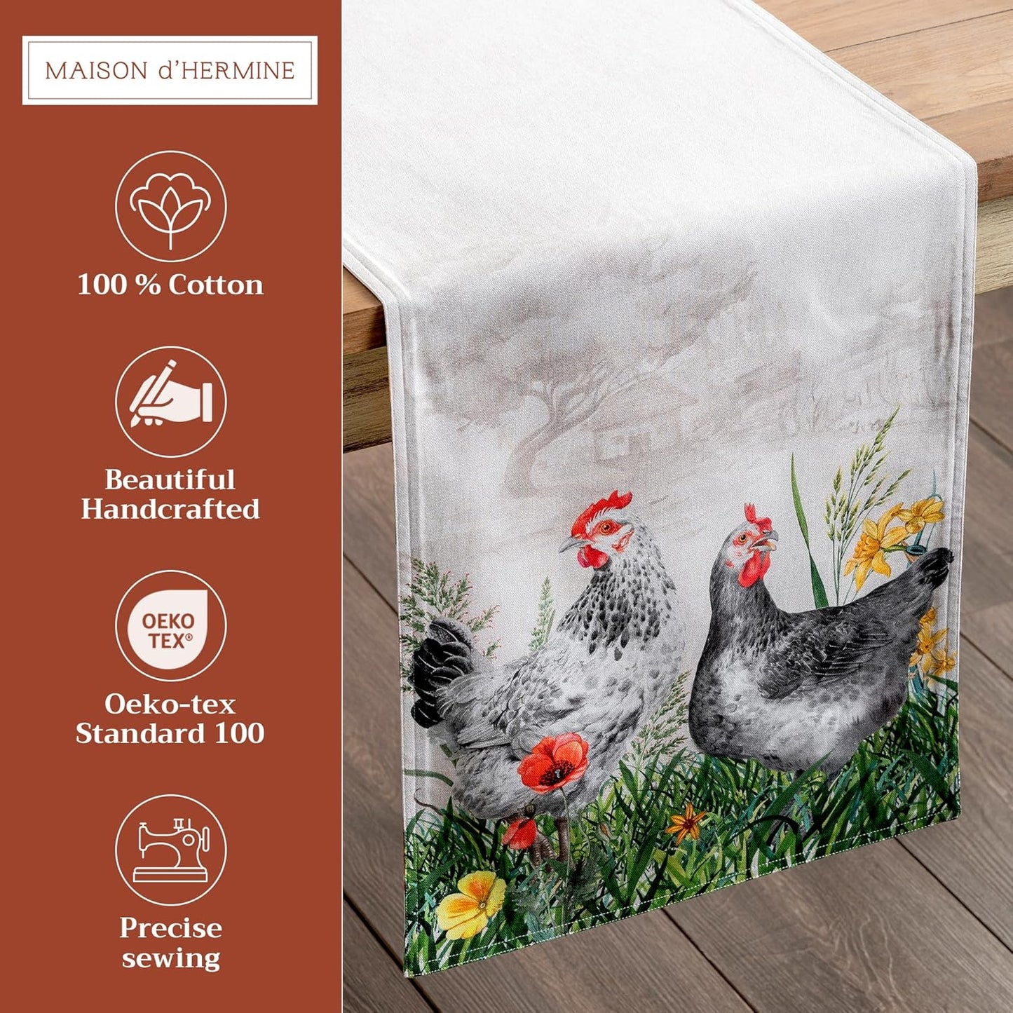 Maison d' Hermine Table Runner 100% Cotton Double Layer Table Runners 108 inches Long Decorative for Home Kitchen Dining Party Wedding Bridal Shower Spring Summer (Basse Cour, 14.50" x 108")