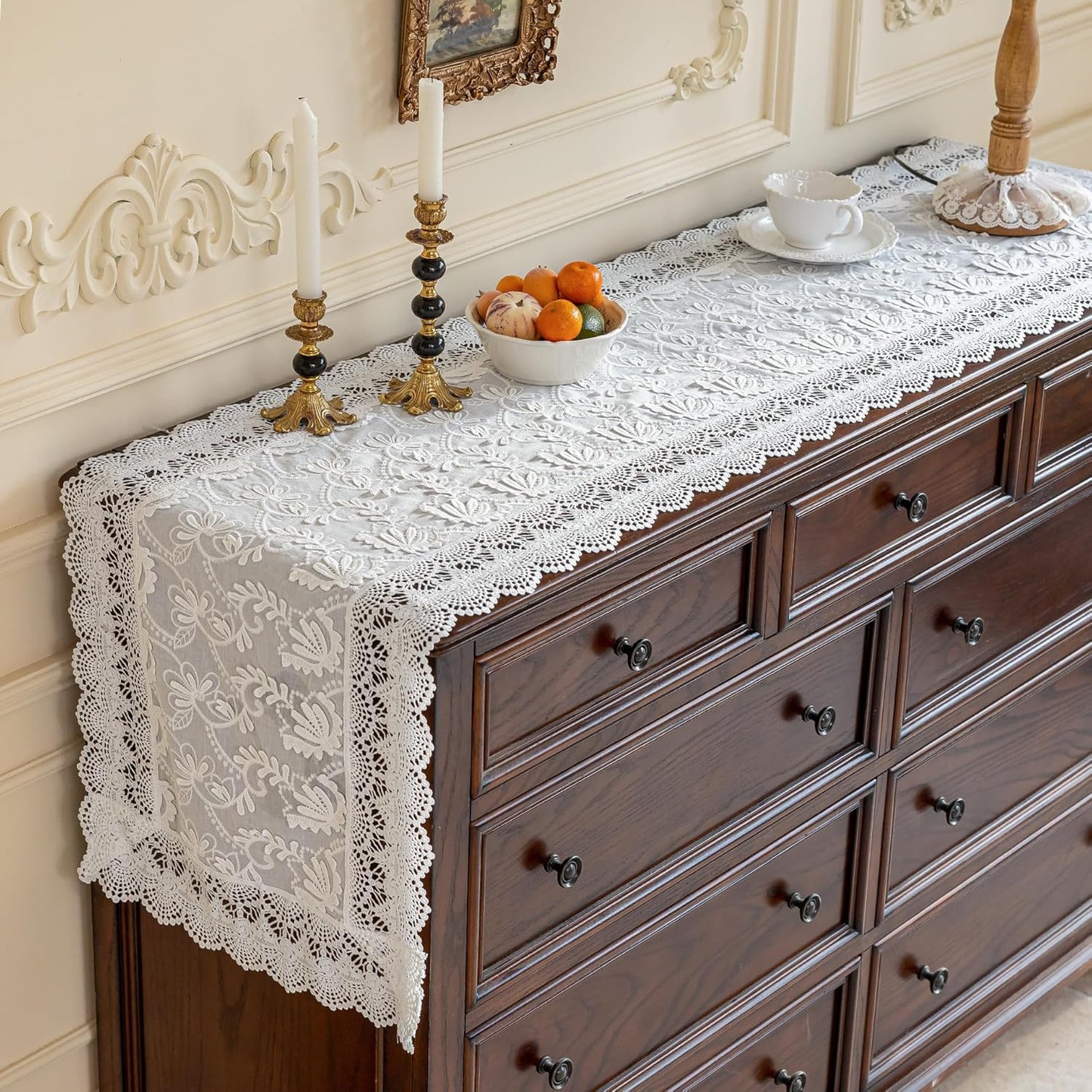 White Elegant Vintage Lace Table Runner,Wedding Lace Decor with Floral Embroidery,Tea Party Decor (White, 13.8X71 Inches)