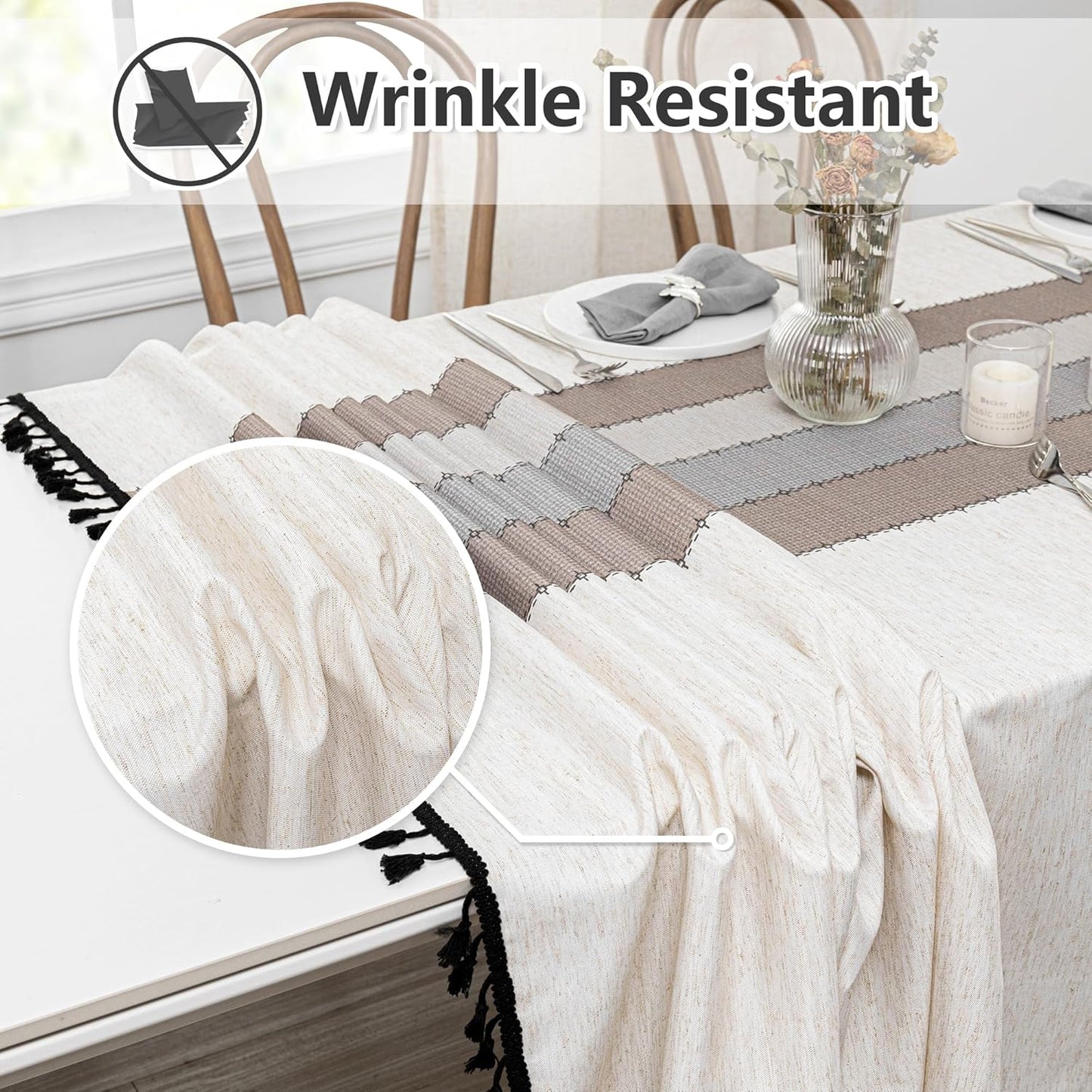 MYSKY HOME Table Cloth 60x102 in Rectangle, Heavy Duty Lines Linen Look Waterproof Tablecloths Farmhouse Tablecloth, Wrinkle Free Table Cover with Coffee Lines for Kitchen Dining, Party