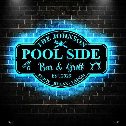 Personalized Family Poolside Sign LED Light,Swimming Pool Metal Sign,Pool Oasis Bar and Grill Metal Wall Decor,Patio Decor,Housewarming Gift