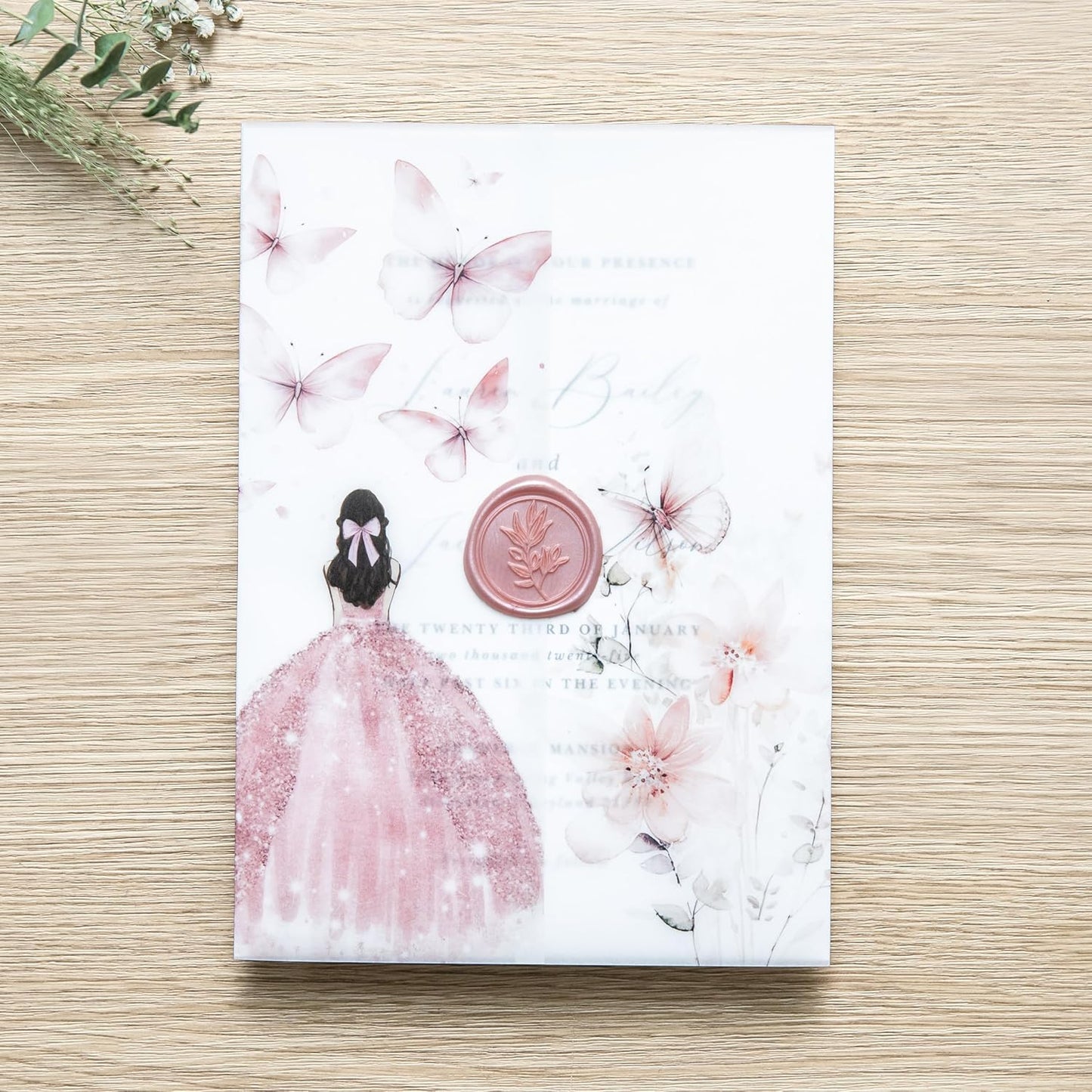 PONATIA 50 PCS Vellum Jackets for 5x7 Invitations - 135GSM Pink Girl Vellum Jacket Sleeves - Butterfly Quinceanera Invitations Wraps for XV Anos