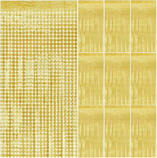 Gold Fringe Curtain Tinsel Backdrop,10pcs Square Foil Fringe Curtain Golden Wall Decor Party Streamers for Prom New Years Eve Christmas Anniversary Graduation Birthdays Masquerade Party Decorations