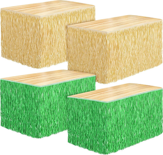 Fovths 4 Packs Luau Grass Table Skirt Fringe Straw Green Grass Skirt 108 x 30 Inch Hibiscus Hawaiian Table Skirts Rectangle Tropical Luau Party Decorations for Hawaiian Decorations