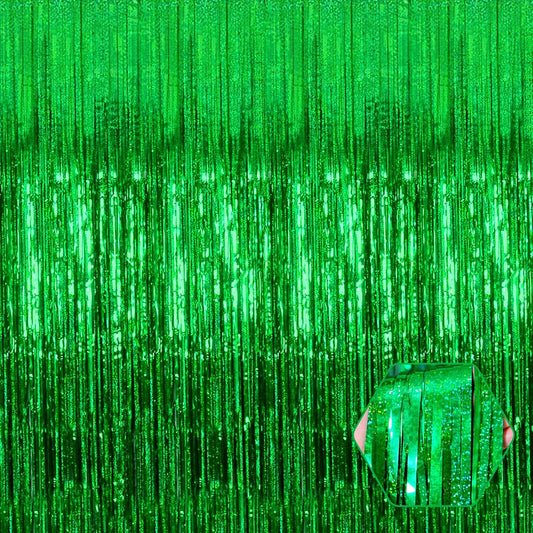 3 Pack Green Foil Fringe Curtain Backdrop, 3.28Ft x 8.2Ft Metallic Tinsel Foil Fringe Streamer Curtains for Photo Booth, Mother's Day, Easter, Birthday, Wedding Party Decorations