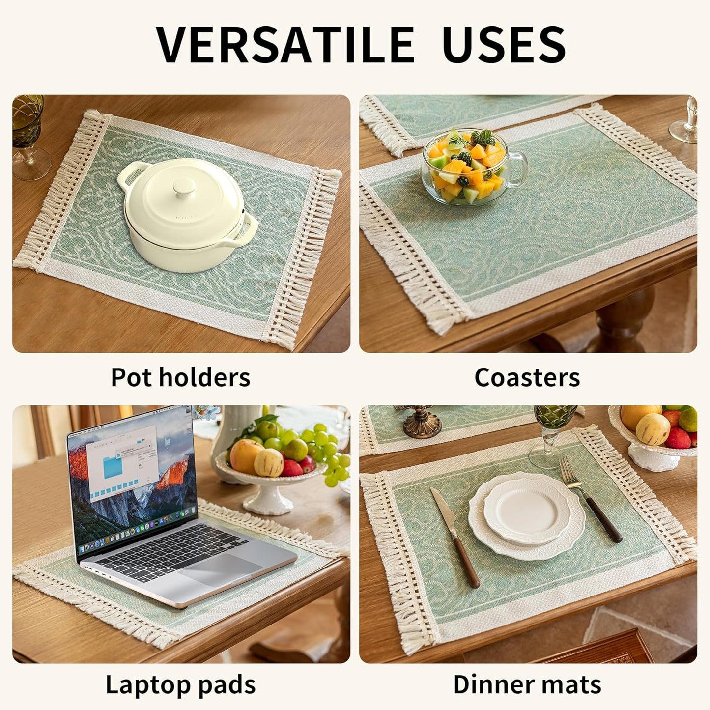 Placemats Set of 4,Waterproof Placemat with Tassel Fringe,Boho Placemats for Coffee Table Western Restaurant