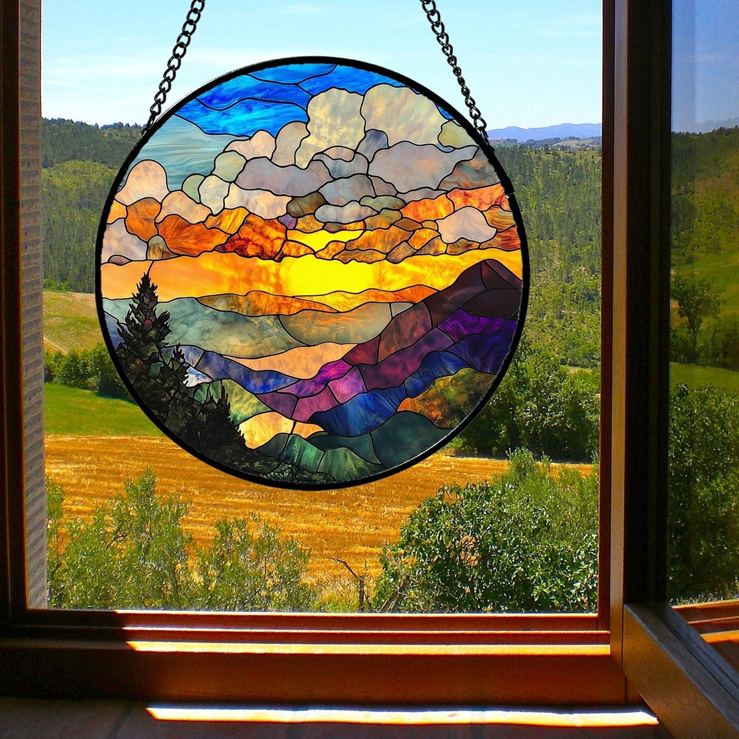 Stained Glass Window Hanging, Abstract Clouds Mountains Landscape Suncatcher for Doors Window Home Sun Catchers Decor Mother's Day Birthday Gifts for Women, Men Mom 7.8 in