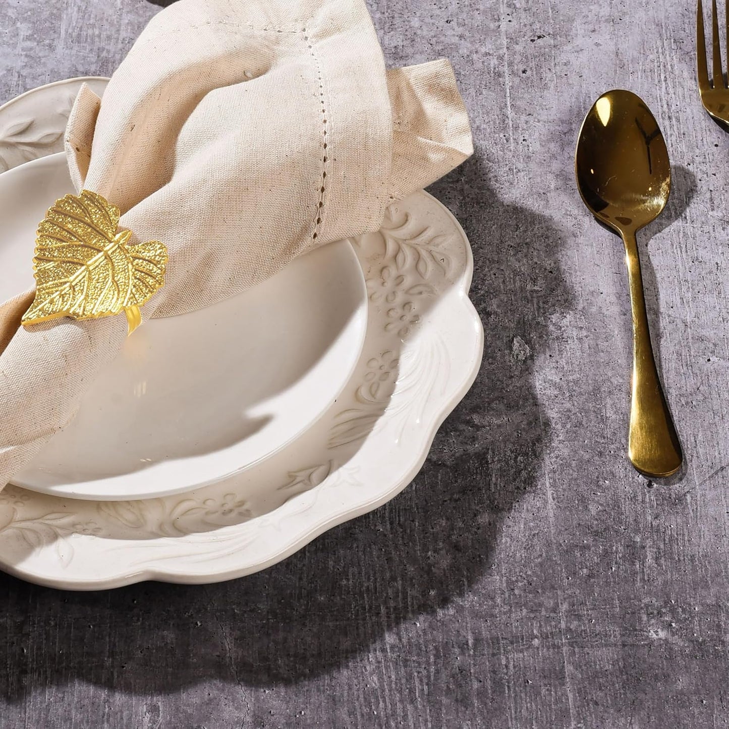 Elegant Handcrafted Leaf Napkin Rings - Set of 12 Premium Aluminum Holders for Dinner Parties, Weddings, Special Occasions & Everyday Dining (Gold) - CLEENTABLE