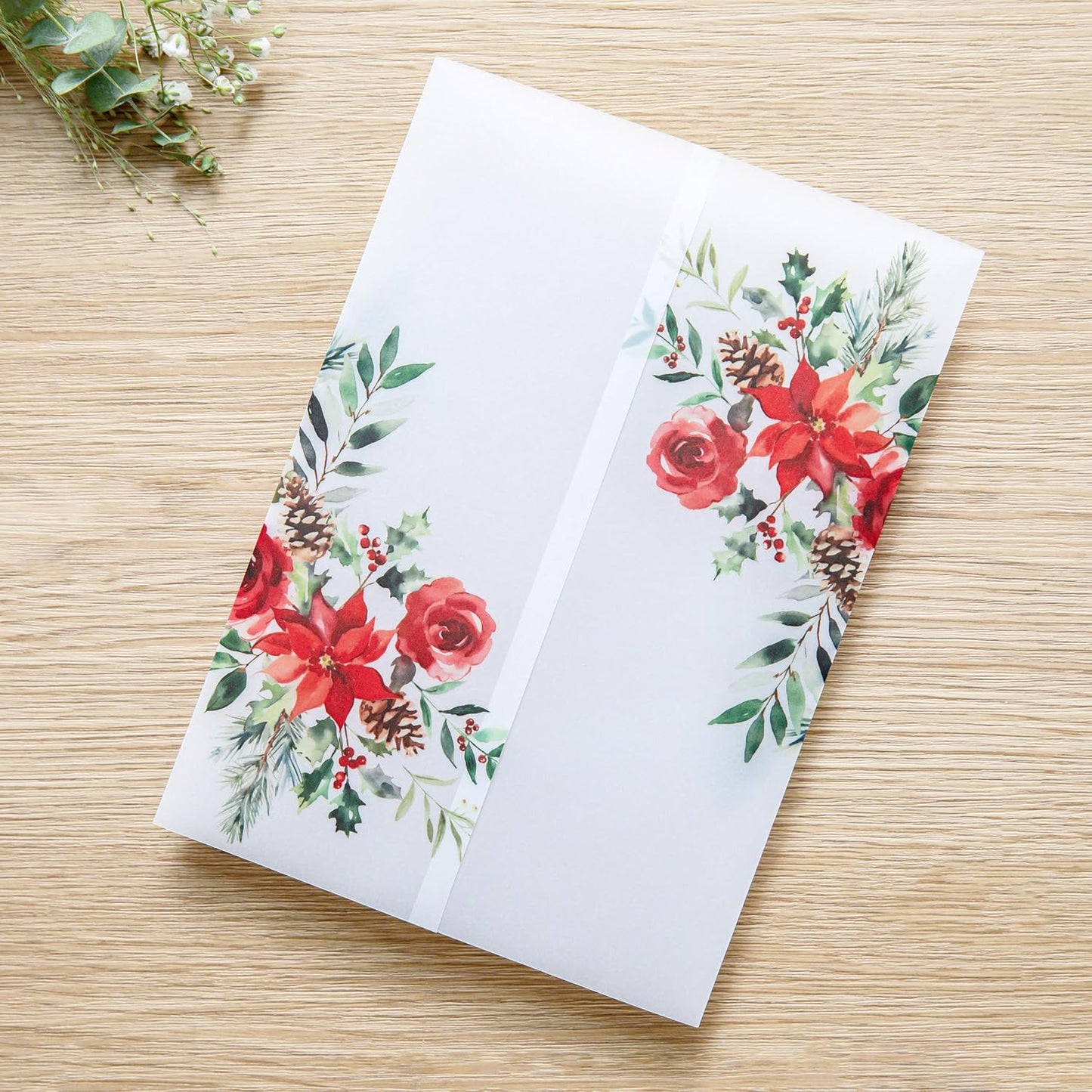 PONATIA 50 PCS 135gsm Vellum Jackets for 5x7 Wedding Invitation Cards- Christmas Red Floral Printed Vellum Sleeves, Invitation Cards Wraps, Christmas Cards Jackets