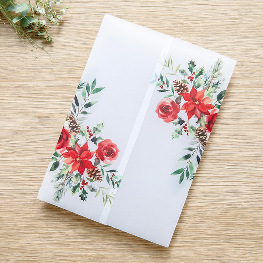 PONATIA 50 PCS 135gsm Vellum Jackets for 5x7 Wedding Invitation Cards- Christmas Red Floral Printed Vellum Sleeves, Invitation Cards Wraps, Christmas Cards Jackets