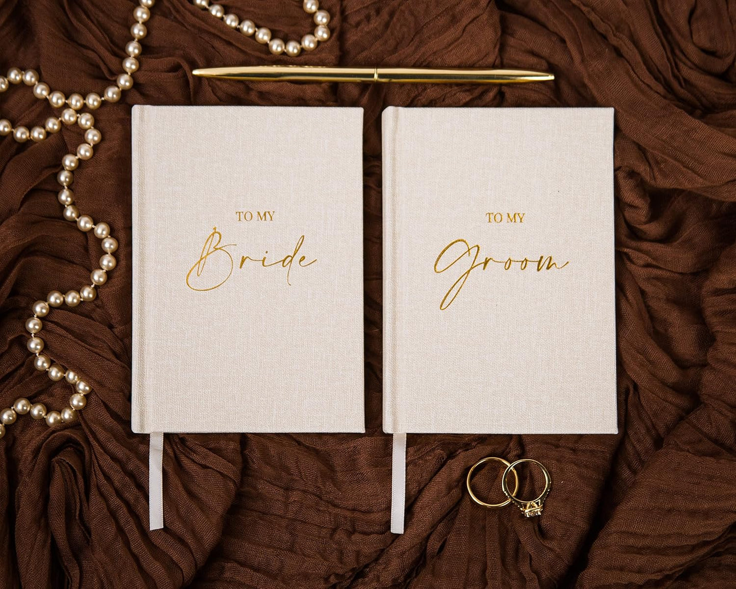 MUUJEE Hard Cover Vow Books (Set of 2) - Foil Embossed Wedding Ceremony Vow Renewal Speech Books, Couple Gifts for Engagement (To My Bride/Groom)