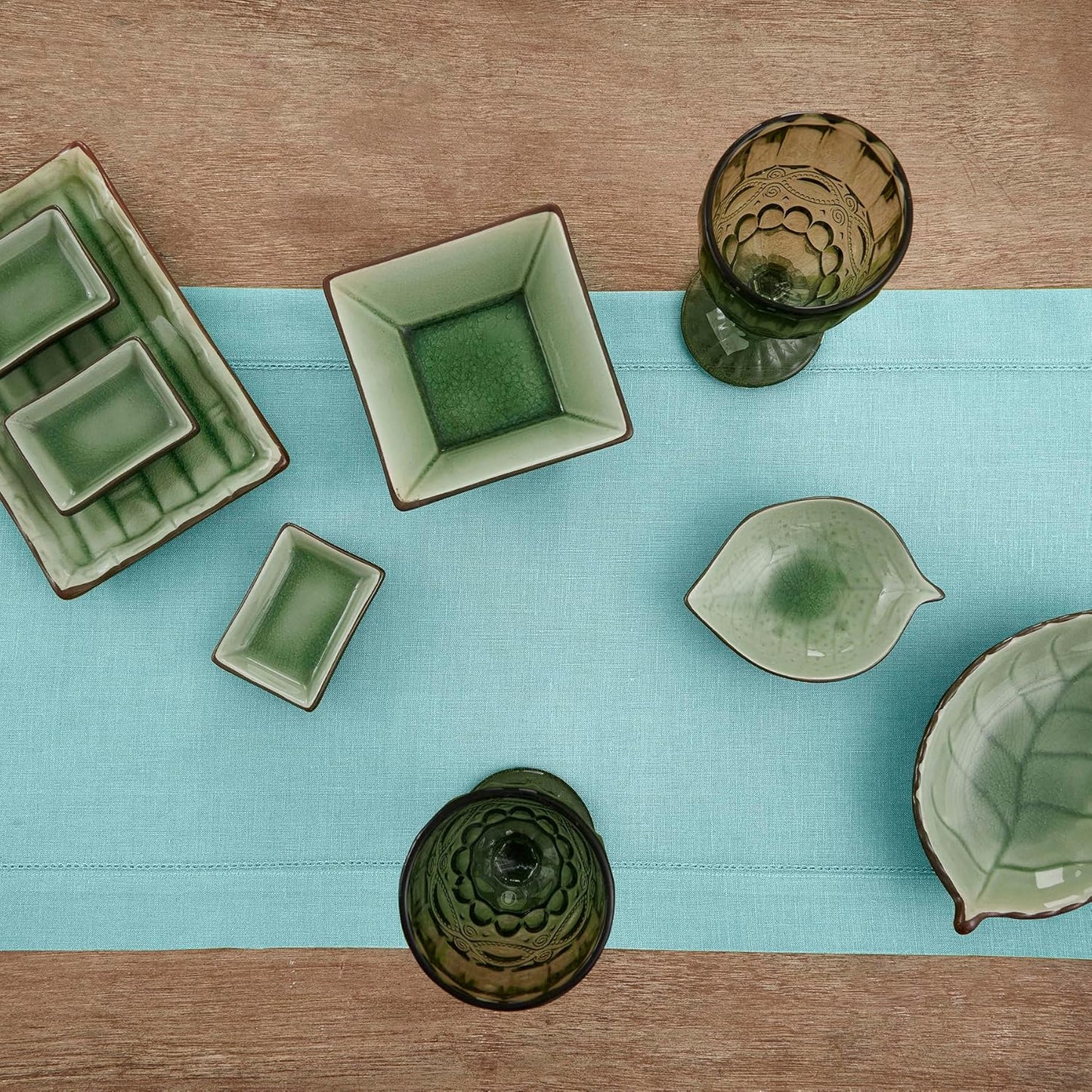 Solino Home Linen Aqua Blue Table Runner 132 Inches Long - 100% Pure Linen Extra Long Table Runner 14 x 132 Inch for Christmas, Holiday - Classic Hemstitch