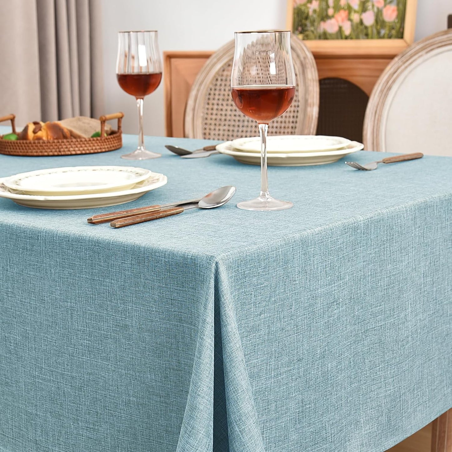 Fitable Faux Linen Tablecloths Rectangle 60 x 120 Inch - 2 Pack Waterproof Table Clothes for 8 Foot Tables, Turquoise Flax Look Kitchen Table Covers for Farmhouse, Dining, Party, Banquet, Buffet