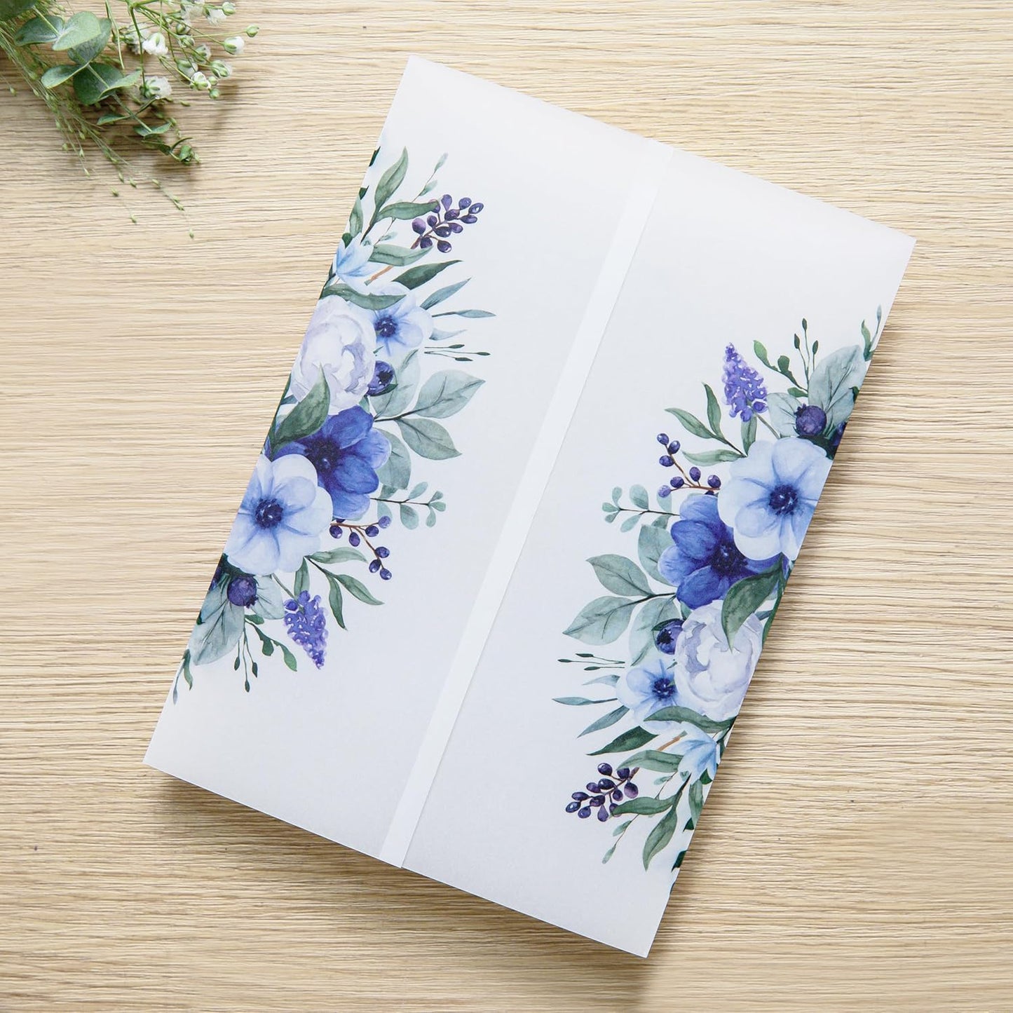 PONATIA 50 PCS Vellum Jackets for 5x7 Invitation Cards - 135GSM Royal Blue Flowers Vellum Sleeves, Transparent Gift Card Jackets
