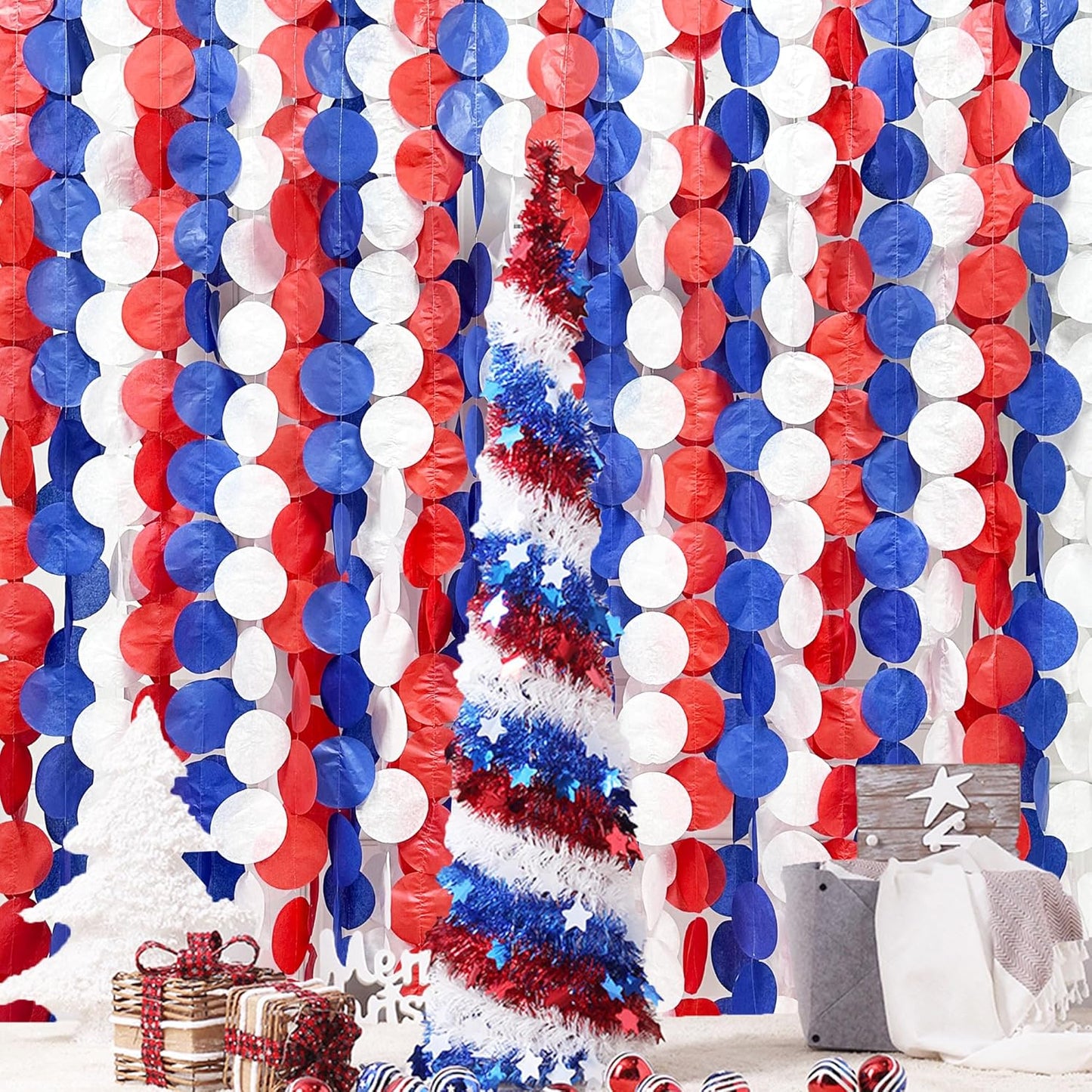 192Ft Royal Blue Red White Party Decorations Big Circle Dots Tissue Paper Backdrop Streamer Garland for 4th of July American USA National Day Patriotic Veterans Graduation Wedding Birthday Party