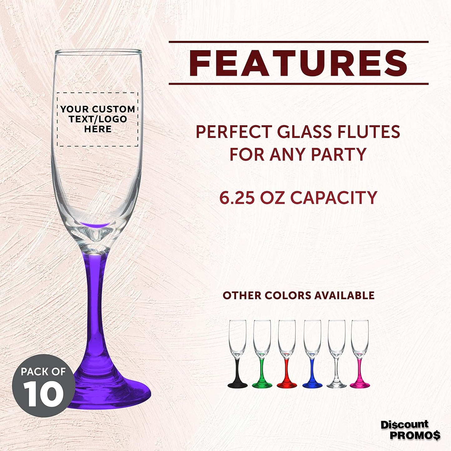 DISCOUNT PROMOS Custom Premiere Champagne Flutes 6.25 oz. Set of 10, Personalized Bulk Pack - Elegant Drinkware for Weddings, Events, & Promotional Gifts - Purple
