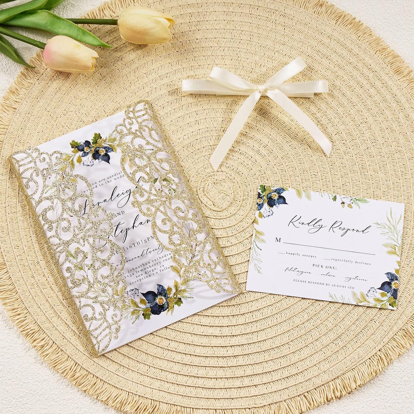 25pcs Glitter Wedding Invitations with Envelopes and RSVP Cards Gold Personalized Laser Cut Party Invitation with Ribbons for Wedding Engagement Baby Bridal Shower Quinceanera Birthday Party Invite