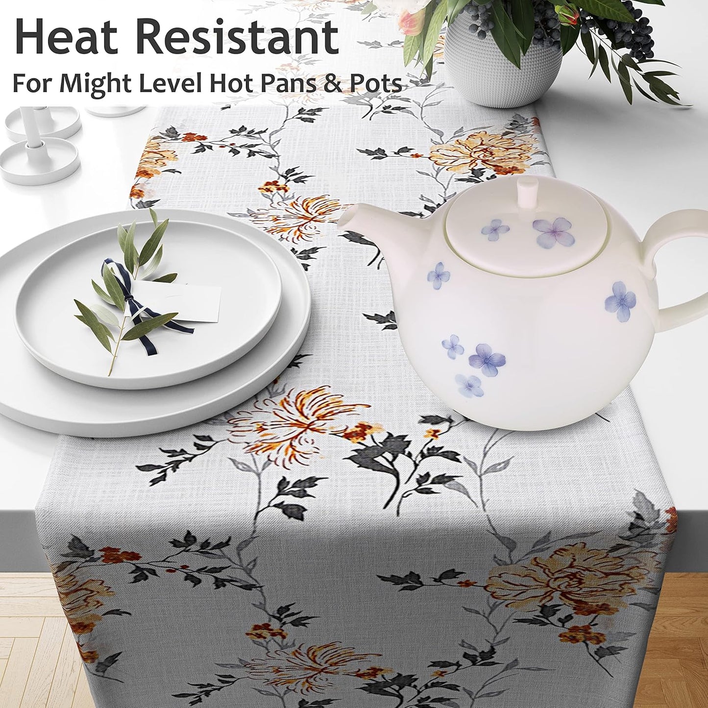 Ruvanti 100% Cotton Table Runner 72 Inches Long, Non-Slip, Stain Resistant, Washable & Reusable Table Runners Perfect for Wedding, Parties, Christmas, Holiday, in-Door use - Grey Floral