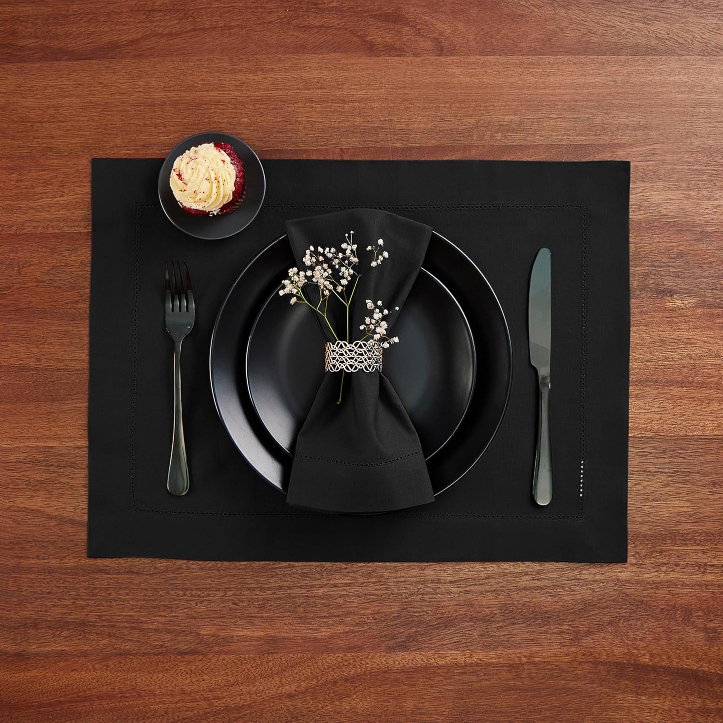 Cotton Linen Dinner Napkins Set of 4 – Hemstitch Black Cloth Dinner Napkins 20x20 Inch –Washable Fabric for Dining, Fall, Halloween, Thanksgiving, Summer, Wedding, Everyday Décor–Serena