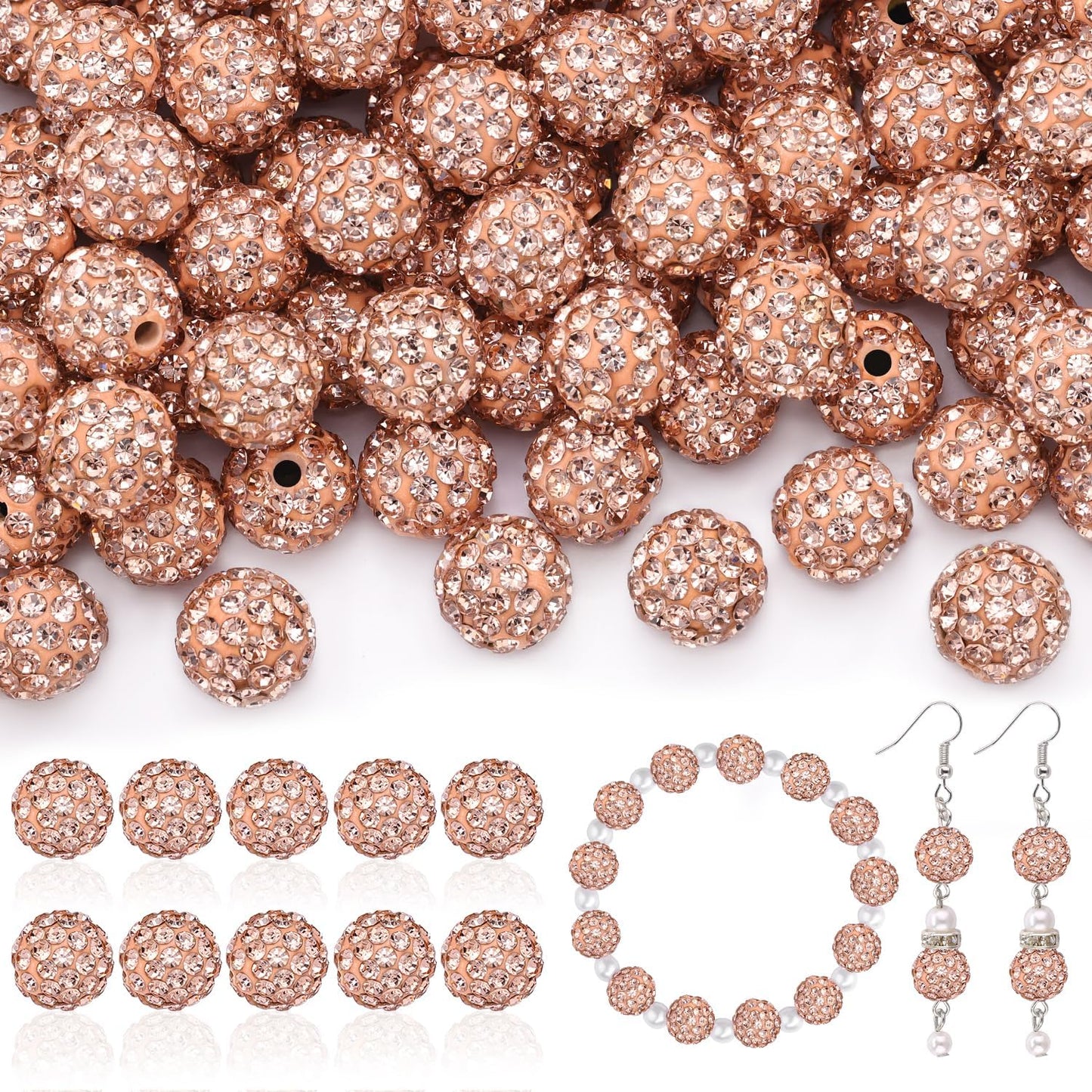 200pcs 10mm Rhinestone Beads for Jewelry Making, Light Peach Shiny Round Disco Ball Beads Bulk, Sparkle Crystal Clay Christmas for Bracelet Baseball Necklace Earring Crafting and DIY