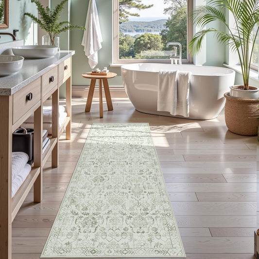 Sage Green 2x6 Runner Rug for Hallways Bed Side Kitchen, Boho Washable Distressed Low-Pile Floor Entryway Long Bathroom Mat, Non-Slip Laundry Room Washstand Front Carpet Green 24x72 Inch