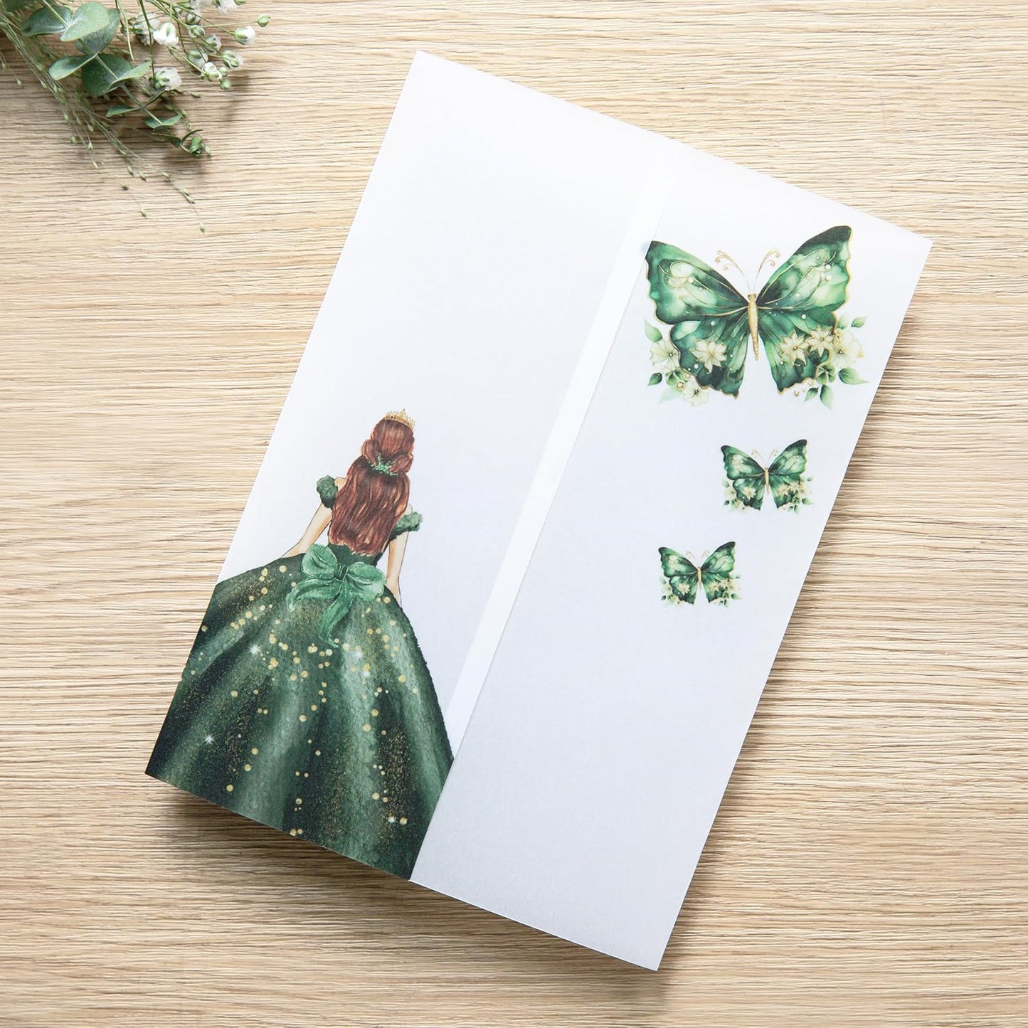 PONATIA 50 PCS Vellum Jackets for 5x7 Invitations - Vellum Paper 5x7 Jackets - 135GSM Emeral Green Girl - Butterfly Quinceanera Invitations Wraps (Emerald Green Girl)