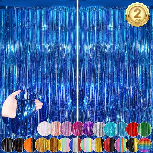 Blue Fringe Curtain Party Streamers 2Pack 3.3 x 8.3 Ft Foil Fringe Backdrop Curtains for Birthday Wedding Bridal Baby Shower Holiday Tinsel Streamers Blue Christmas Party Decorations Door Streamer