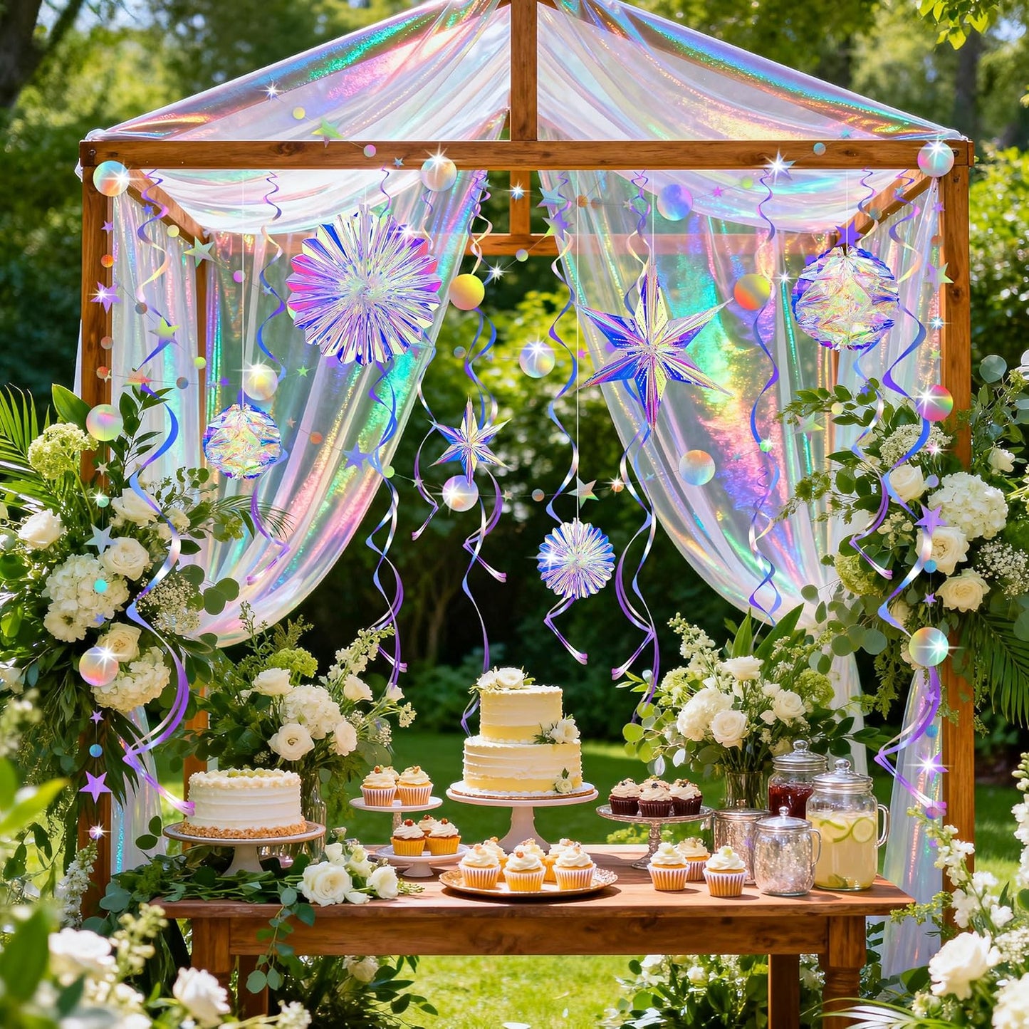 BTSD-home 29 Pcs Iridescent Party Decorations with Hanging Honeycomb Ball Decorative Paper Fan Snowflake Hexagonal Star Garlands Ribbons Birthday Wedding Graduation Bachelorette Disco Party Supplies