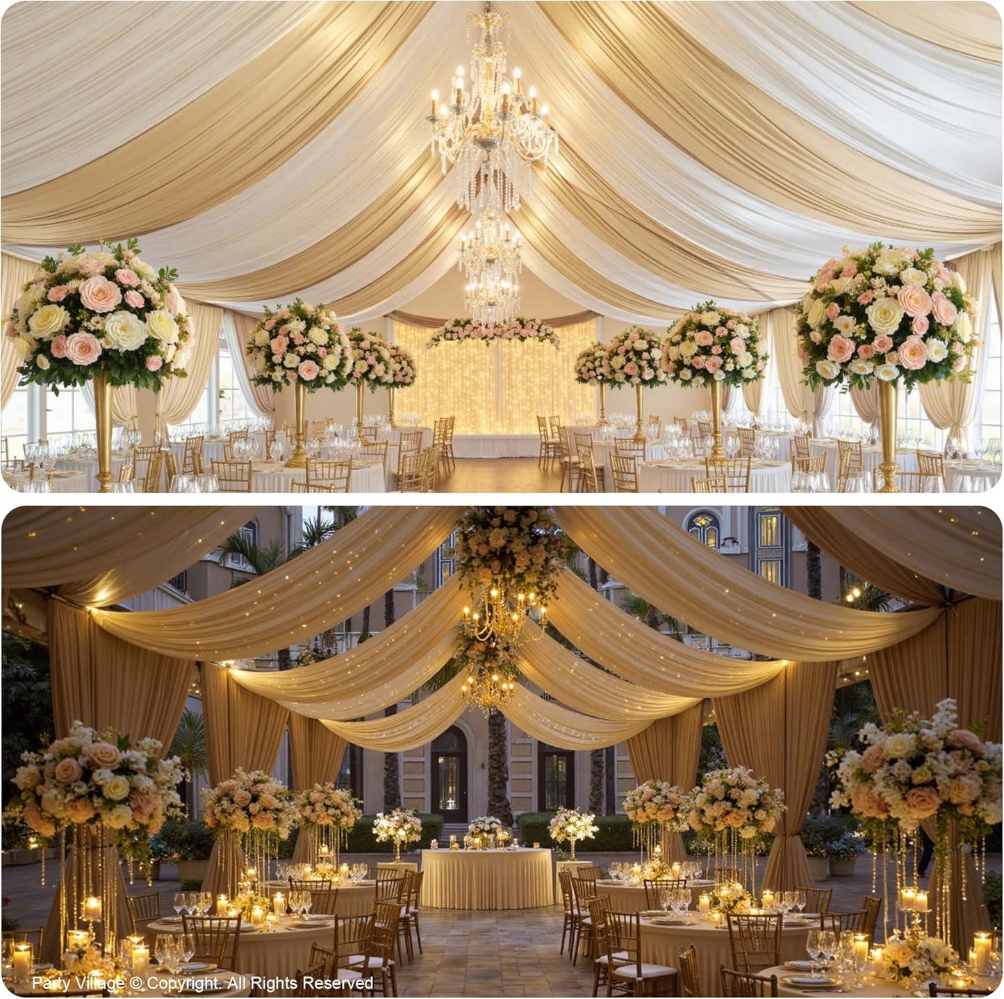 PartyVillage 50ftx40ft Beige Ceiling Curtain for Wedding Parties – 10 Panels Wrinkle-Free 40 FT Long Tent Draping Curtains for Wedding, Birthday & Theme Parties, 40ft Height with Rod Pocket