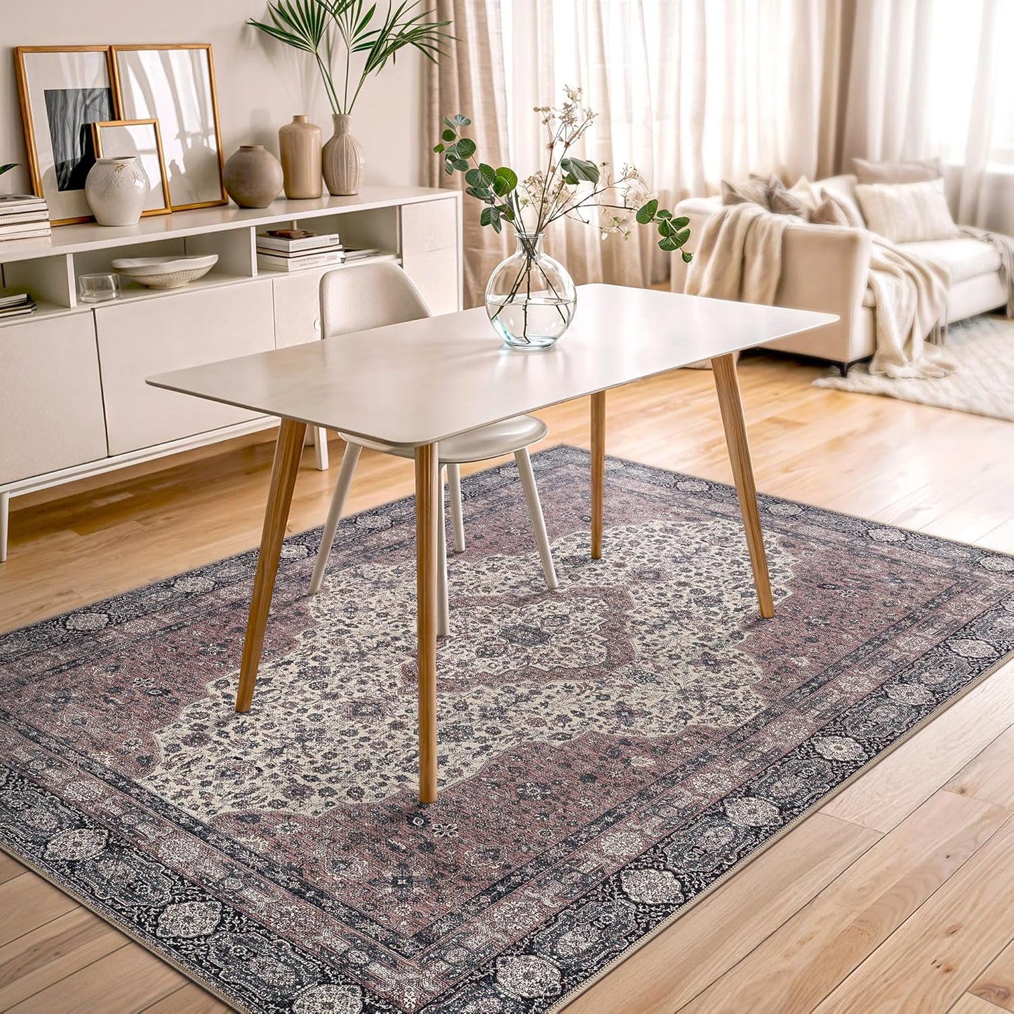 Bloom Rugs Washable Non-Slip 5' x 7' Rug - Cream/Green Traditional Medallion Area Rug for Living Room, Bedroom, Dining Room, and Kitchen - Exact Size: 5' x 7'