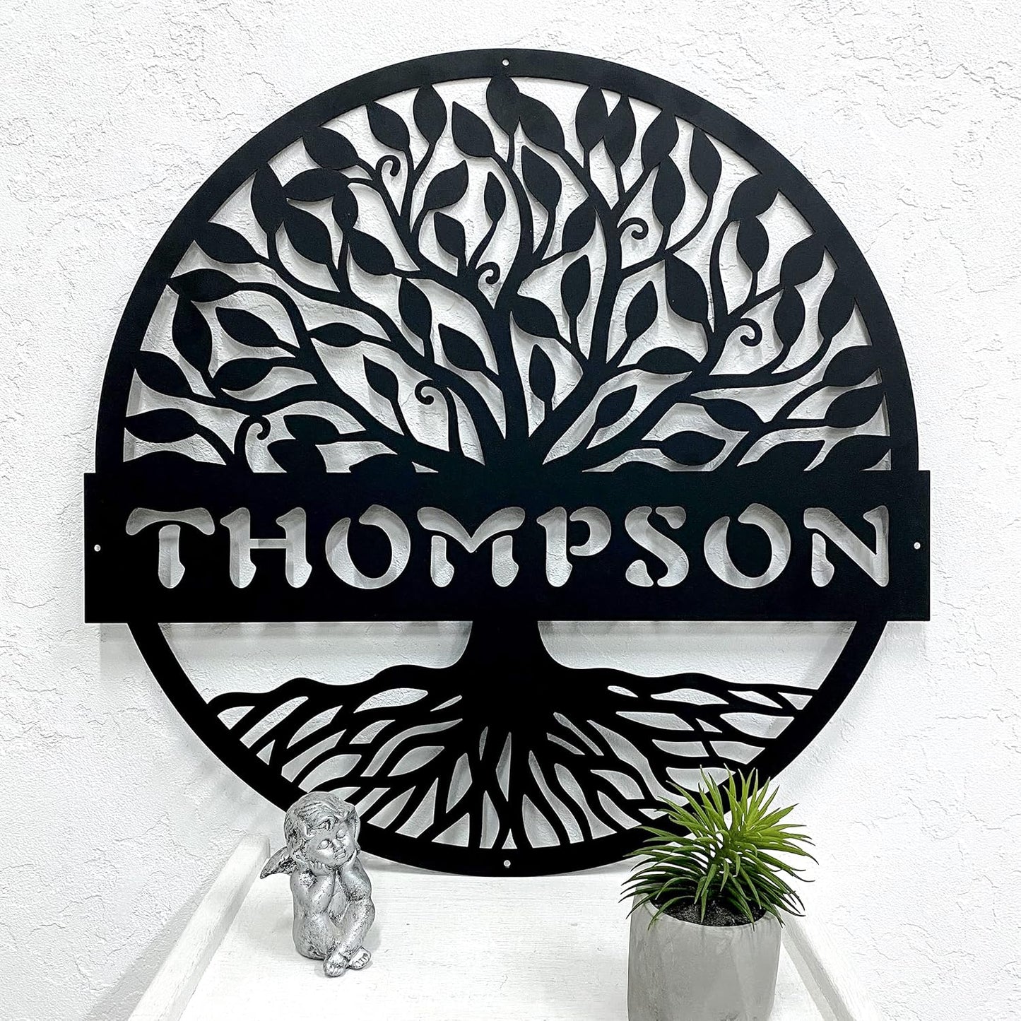 RealSteel Personalized Metal Wall Art - Custom Tree of Life Design with Family Name - Circular Metal Sign - Personalized Wedding, Anniversary, or Housewarming Gift - Black, 24"