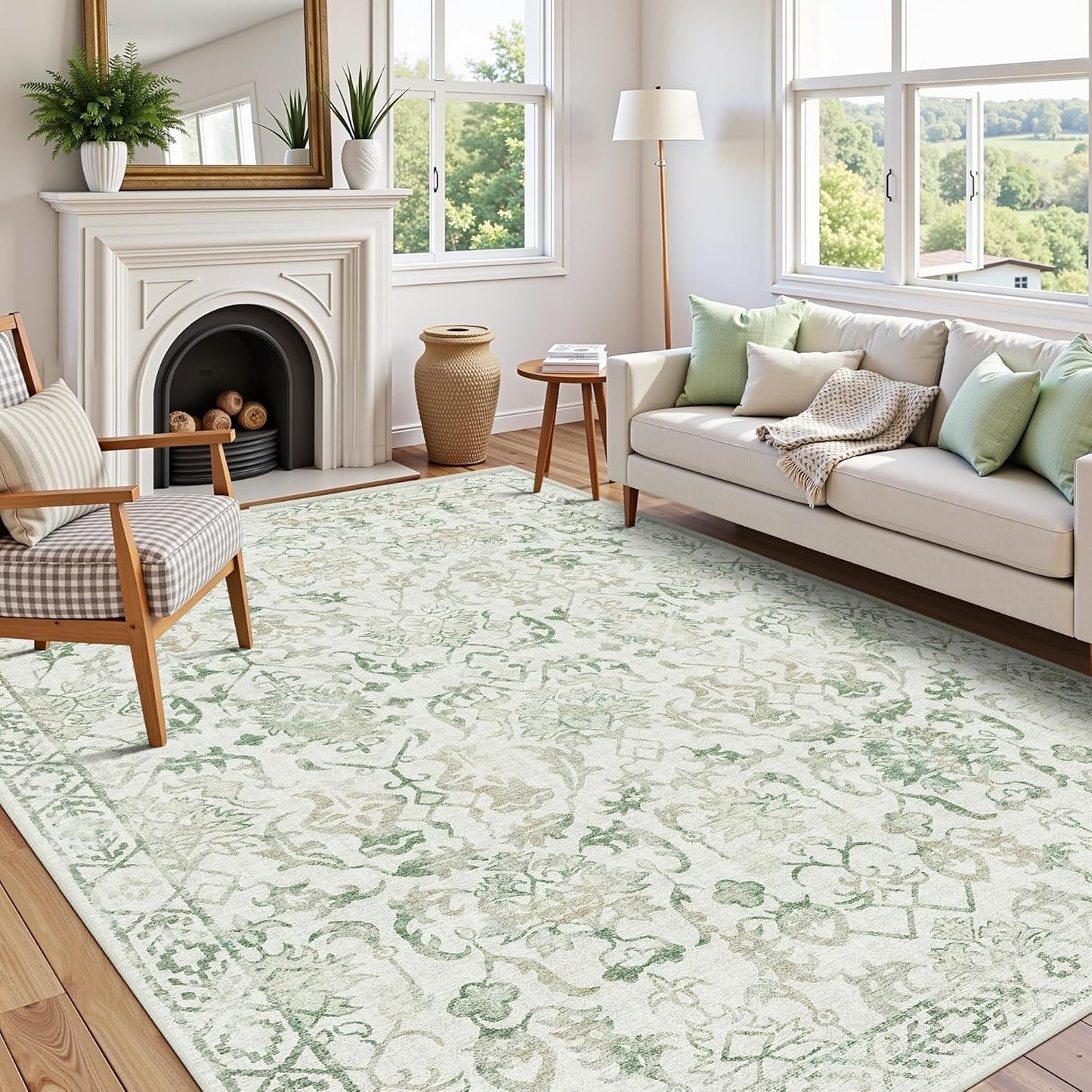 Green Area Rugs 8x10 Rugs for Living Room, Traditional Washable Rugs for Bedroom Distressed Large Area Rug Living Room Rug Non Slip Rug Carpet for Dining Nursery