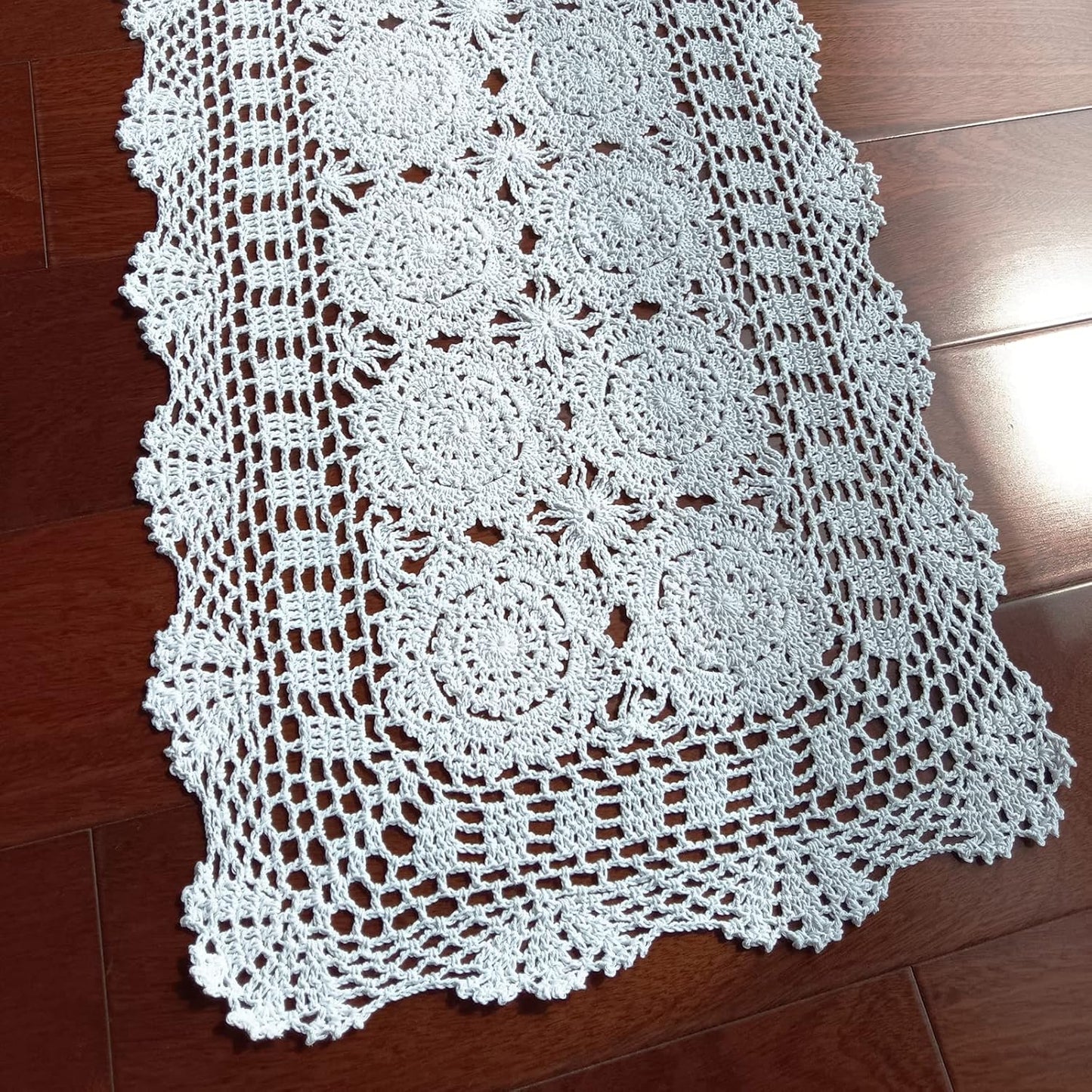 Phantomon Lace Table Runner Rectangular Table Cover Cloth Handmade Crochet Floral Placemats 100% Cotton (Floral White, 15x28Inch)