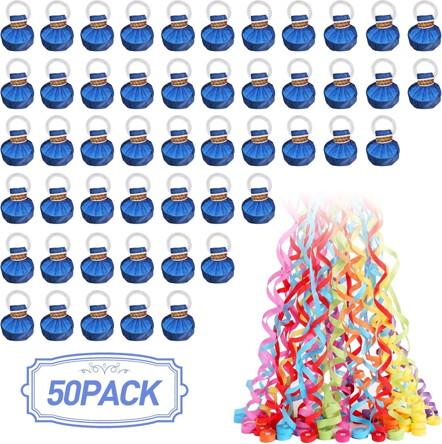 50Pack Colorful Streamer Poppers,Hand Throw Streamer Poppers,No Mess Confetti Poppers for Birthday,Wedding,Party,Celebrations,School Opening,Graduation,Retirement Party (Blue 50pack)