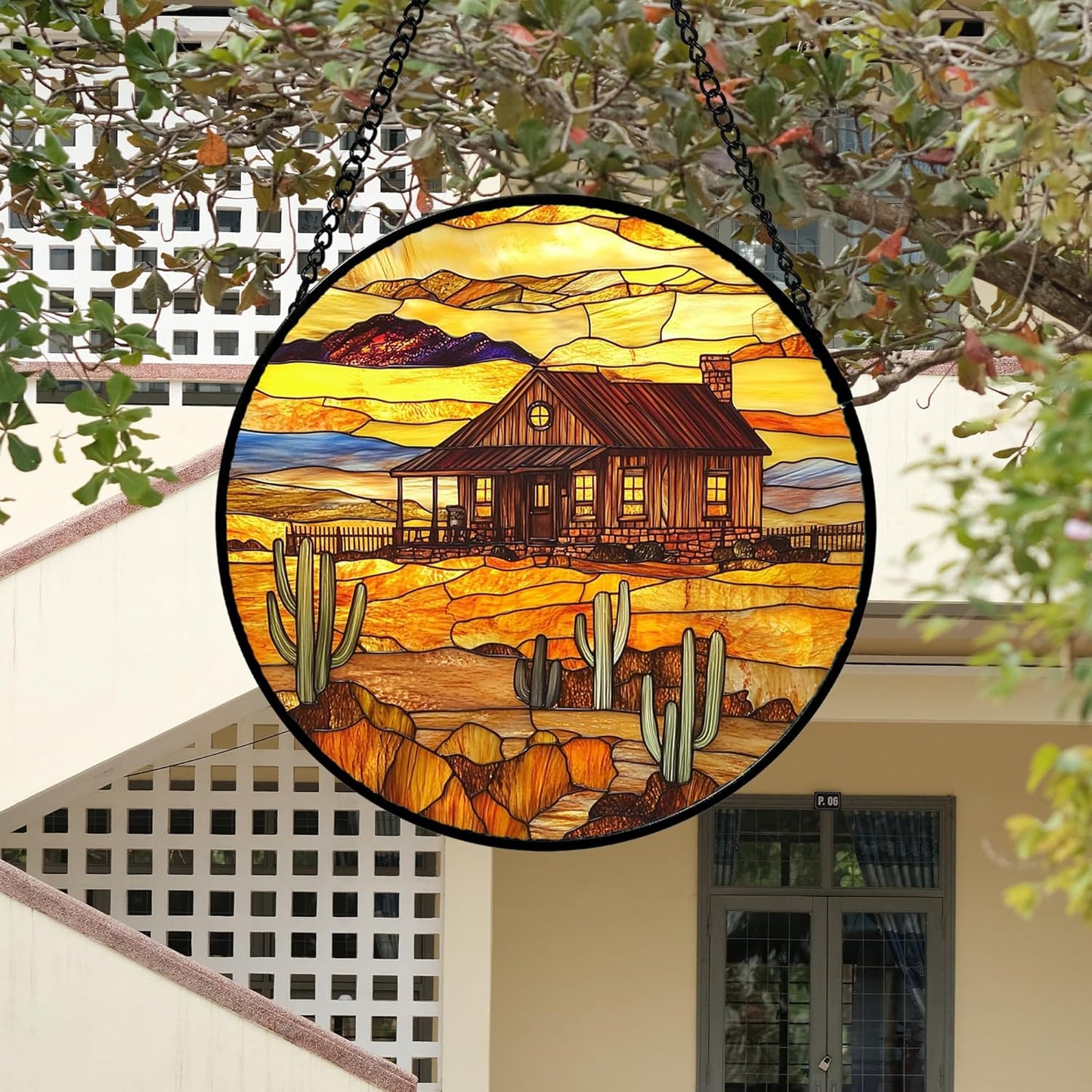 Stained Glass Window Hanging 4 Pcs Set Desert Sunset Theme Landscape 9.8" - Suncatcher Door Garden Sun Catcher Decor Birthday Christmas for Mom Woman Nana Men