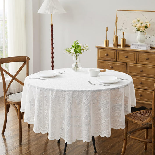 LinenZone Round Lace Tablecloth with Elegant Scalloped Bottom for Any Special Event Such as Wedding, Birthday Party, Baby Shower, Anniversary. Sits 4 to 6 People. (Linda 70 Round, Ivory)