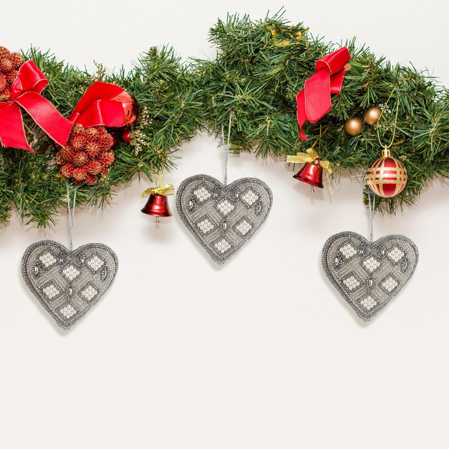Beaded Heart Hanging Ornaments with Twine - Home Decor Modern Style Beaded Decorative Ornaments for Living Room, Bedroom, Office Desktop, Cabinets - Set of 6 (Grey) - CLEENTABLE