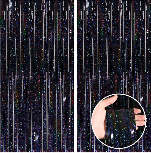 CANREVEL 2 Pack 3.3x8.2 Feet Laser Black Foil Fringe Backdrop Curtains, Tinsel Streamers Birthday Party Decorations, Fringe Backdrop for Graduation, Halloween, Happy New Year, Disco Party